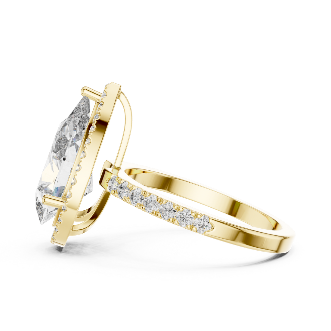 Gold ring with a large marquise-shaped diamond and smaller diamonds on a white background