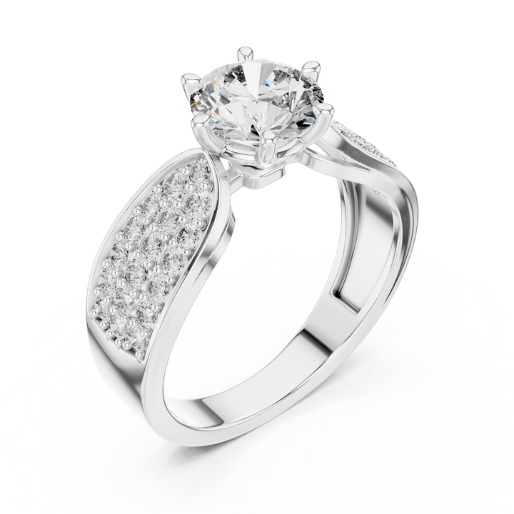 Silver ring with a large diamond and smaller diamonds on the band against a white background