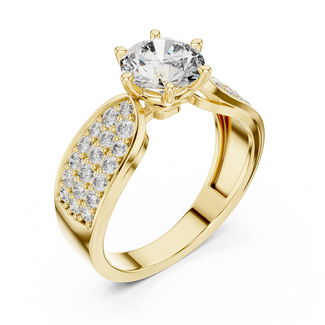 Gold ring with a large diamond and smaller diamonds on the band against a white background