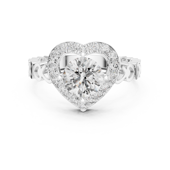 Heart-shaped diamond ring with a white background