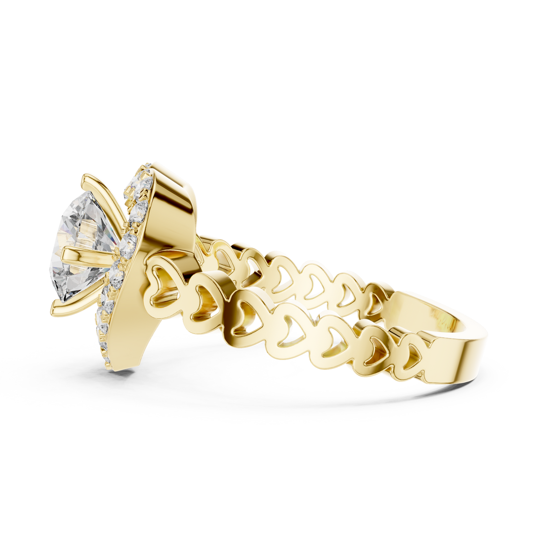 Gold ring with a diamond on a white background