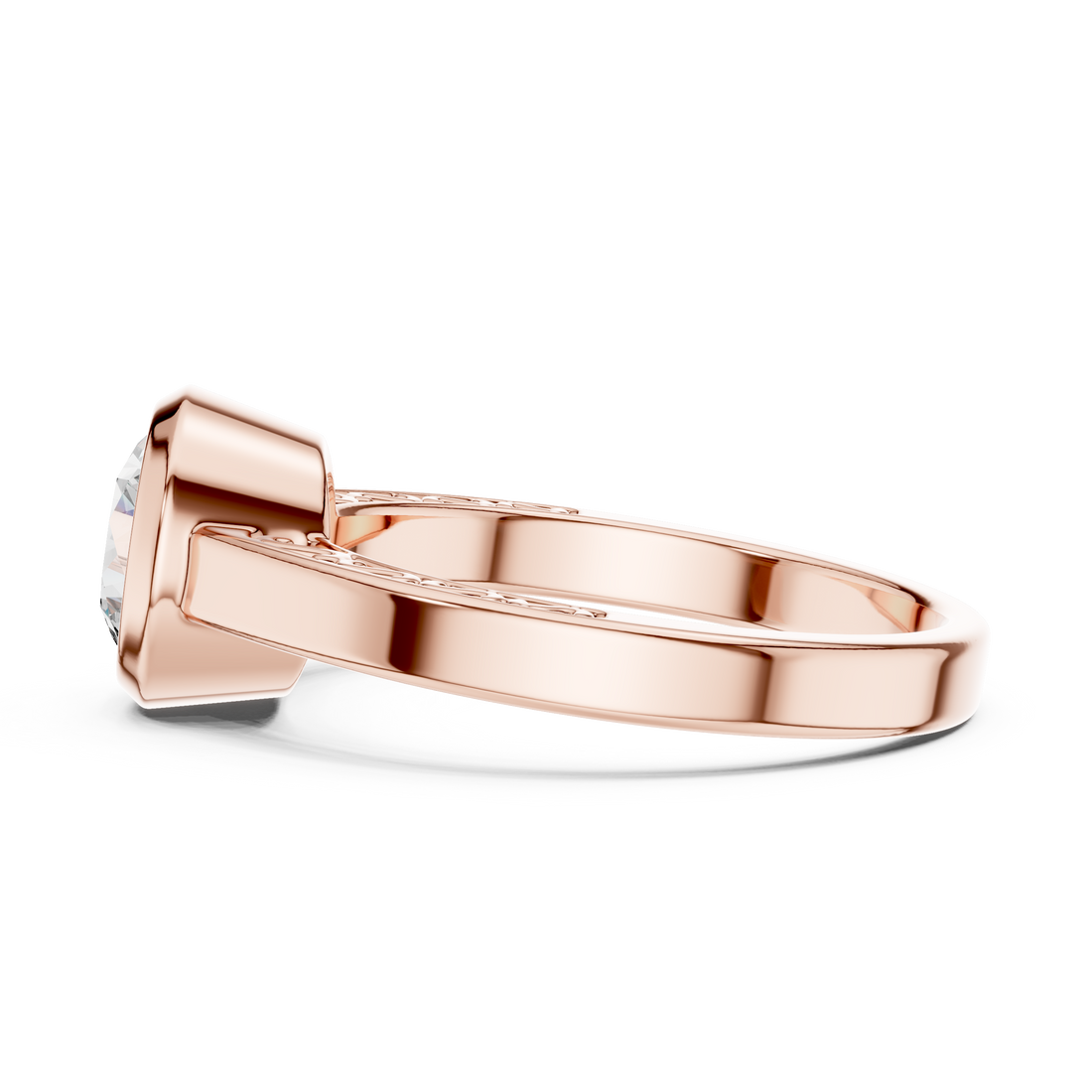 Rose gold ring with a diamond on a white background