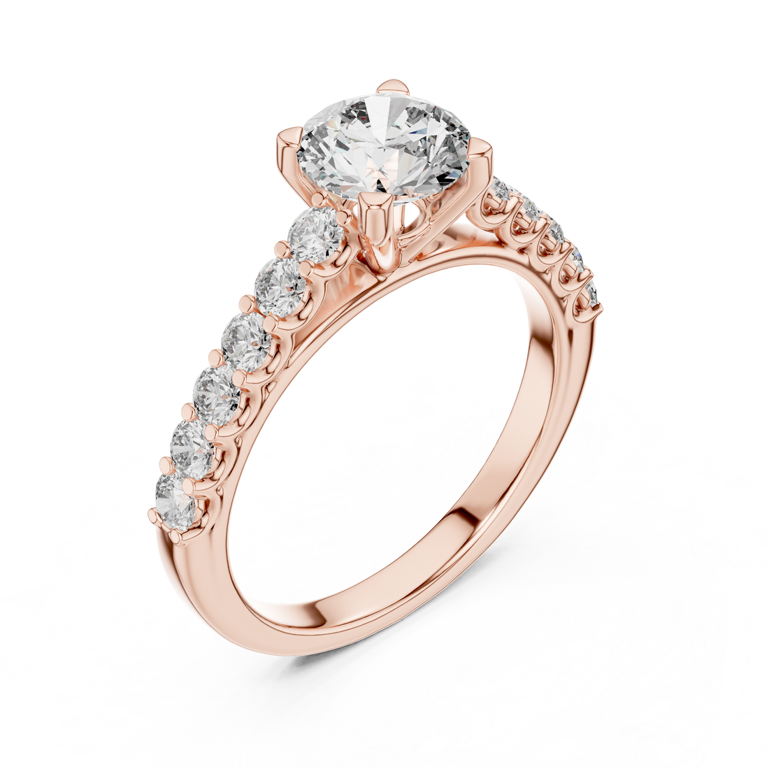 Rose gold ring with a diamond on a white background