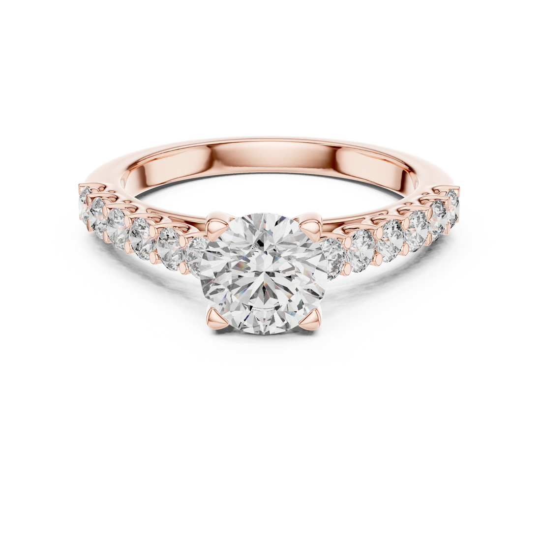 Rose gold diamond ring on a white background