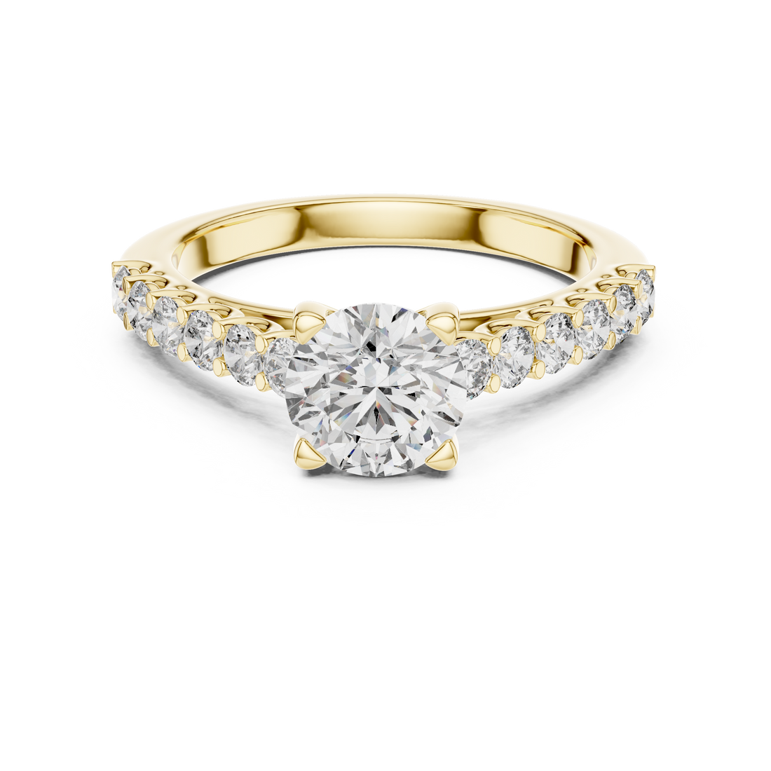 Gold ring with a large diamond and smaller diamonds on the band against a white background
