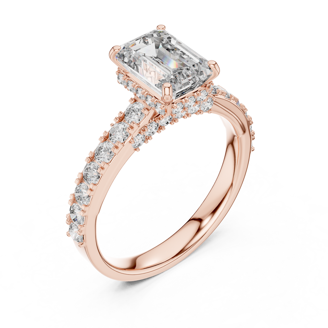 Rose gold ring with a large diamond and smaller diamonds on the band against a white background
