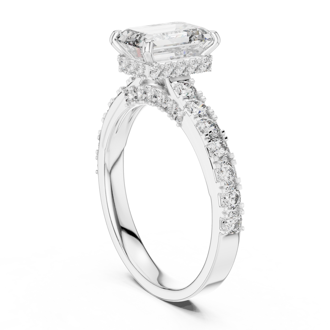 Diamond ring with a central gemstone and smaller stones on a white background