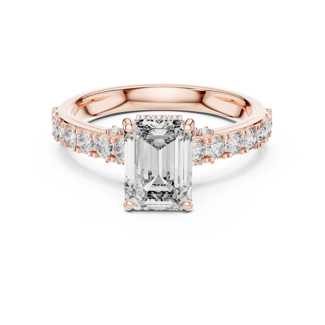 Rose gold ring with a large diamond and smaller diamonds on the band against a white background