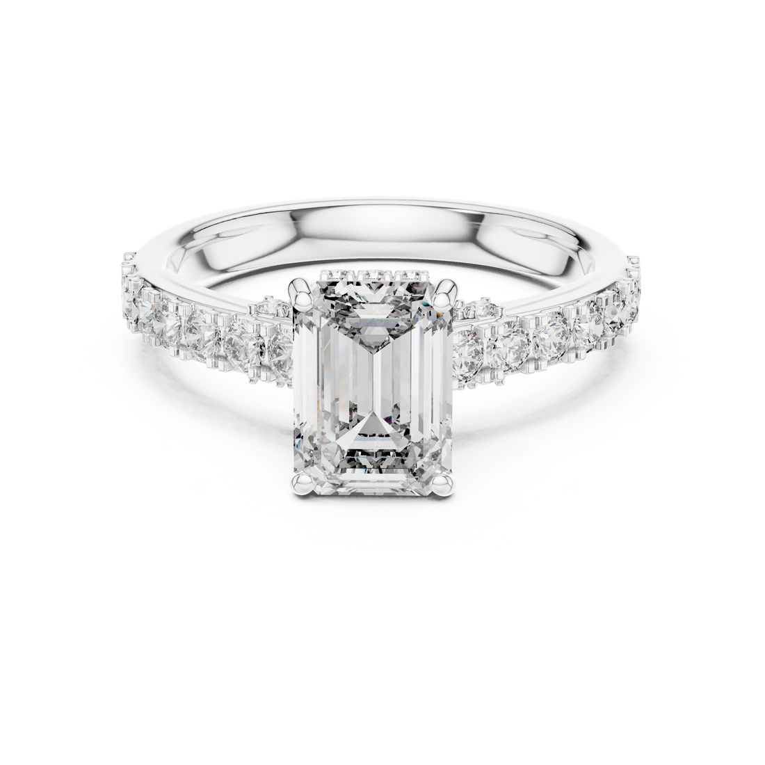 Diamond ring with a rectangular center stone on a white background