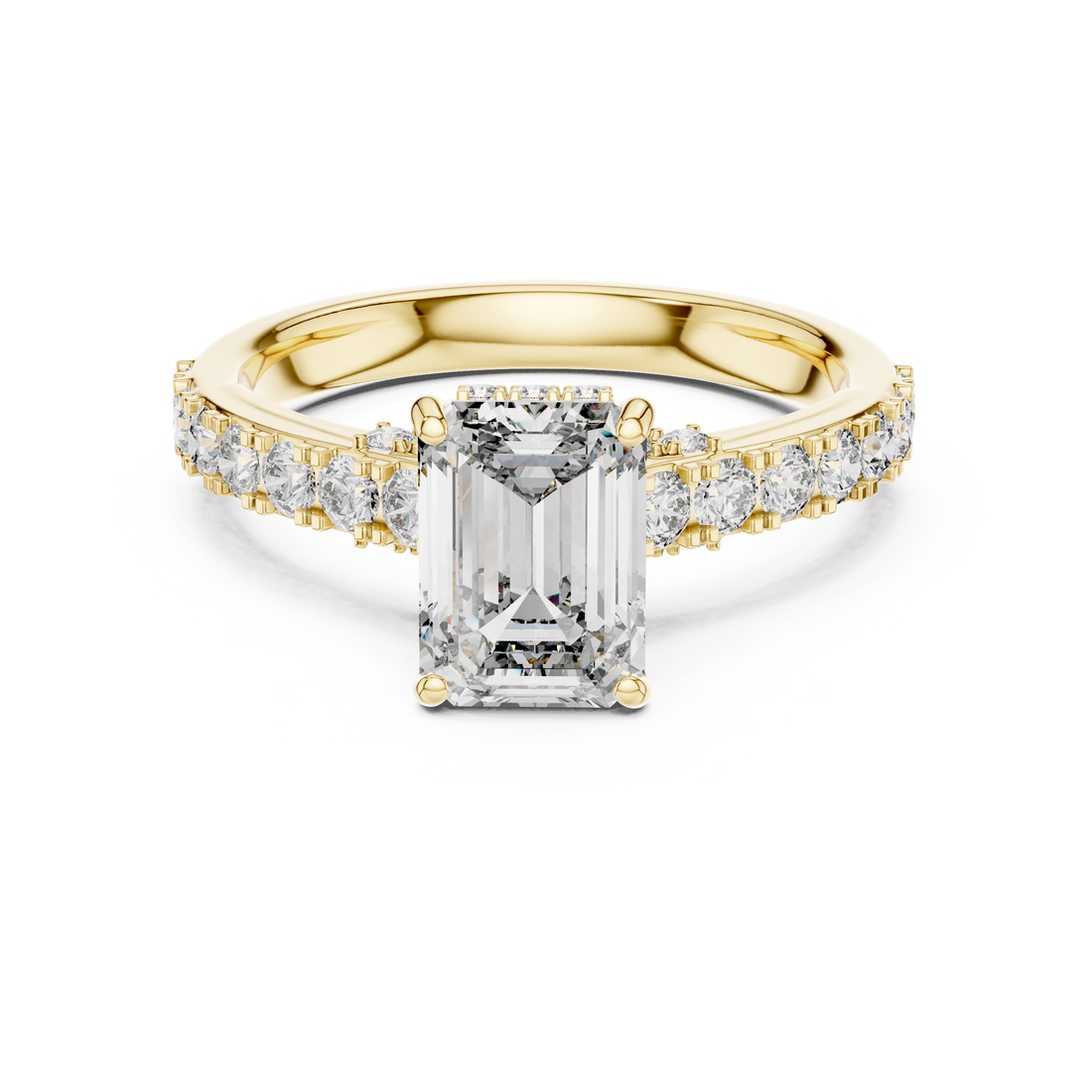 Gold ring with a large diamond and smaller diamonds on the band against a white background