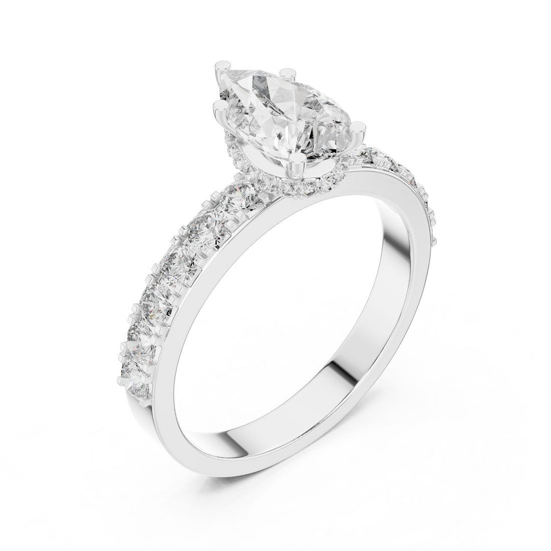 Diamond ring with a pear-shaped center stone on a white background