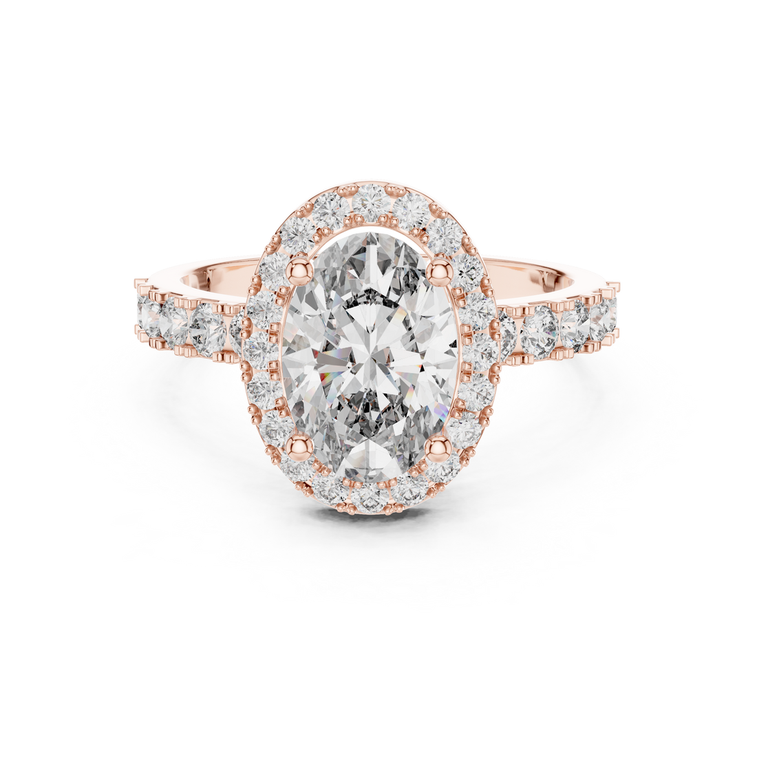 Rose gold ring with a large diamond and smaller diamonds on a white background
