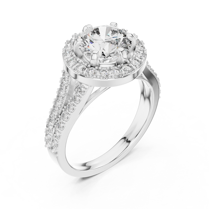 Silver ring with a large central diamond and smaller diamonds around on a white background