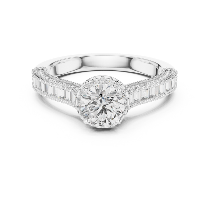 Diamond ring with a white gold band on a white background