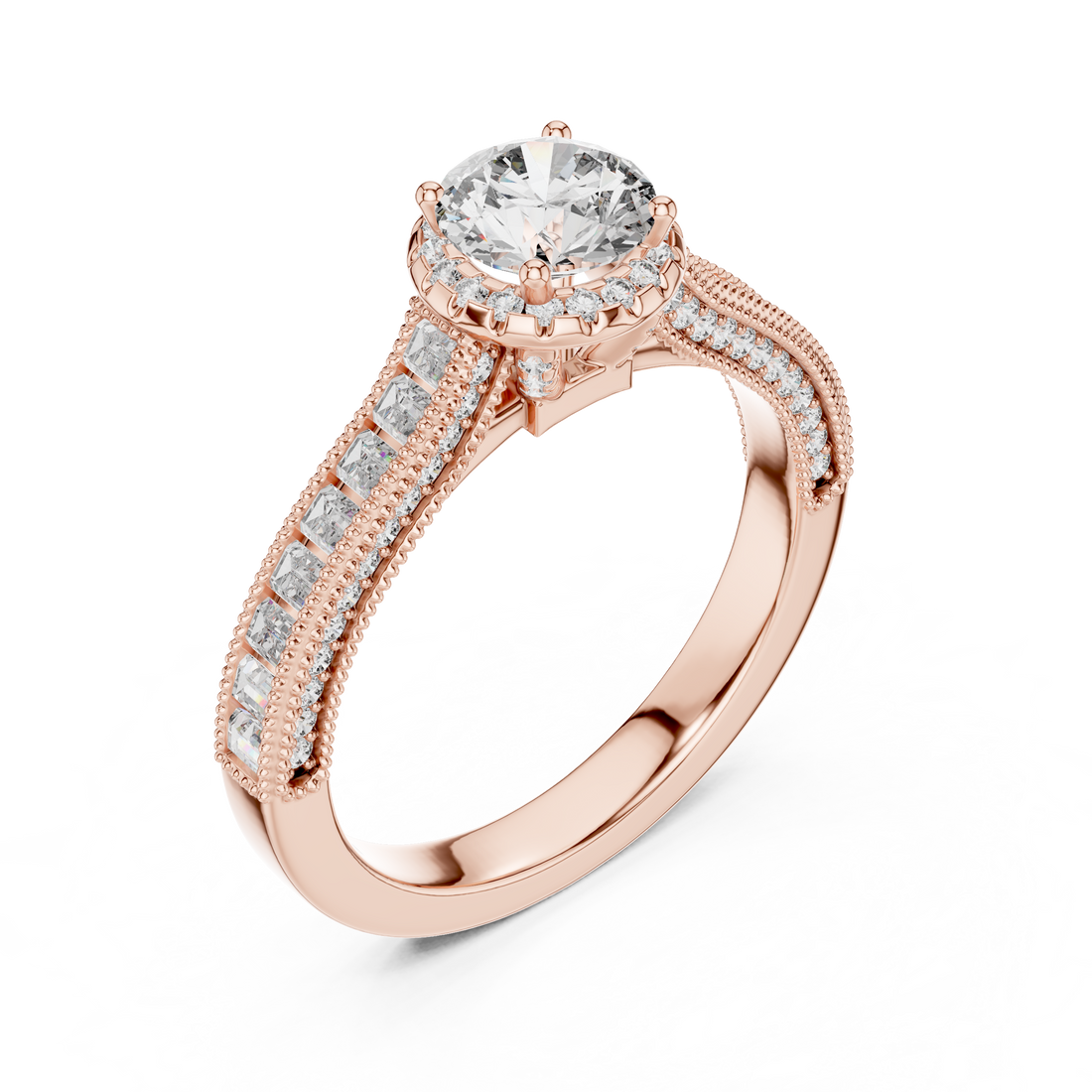 Rose gold ring with a large diamond and smaller diamonds on a white background