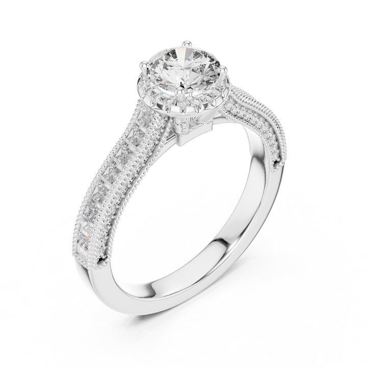 Diamond ring with a white gemstone on a white background