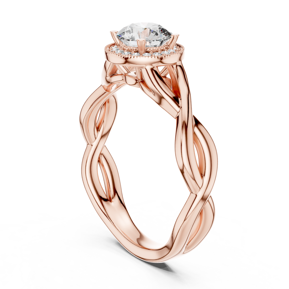 Rose gold ring with a diamond on a white background