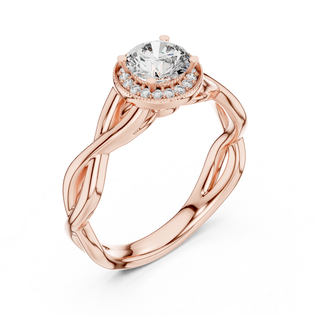 Rose gold ring with a diamond on a white background