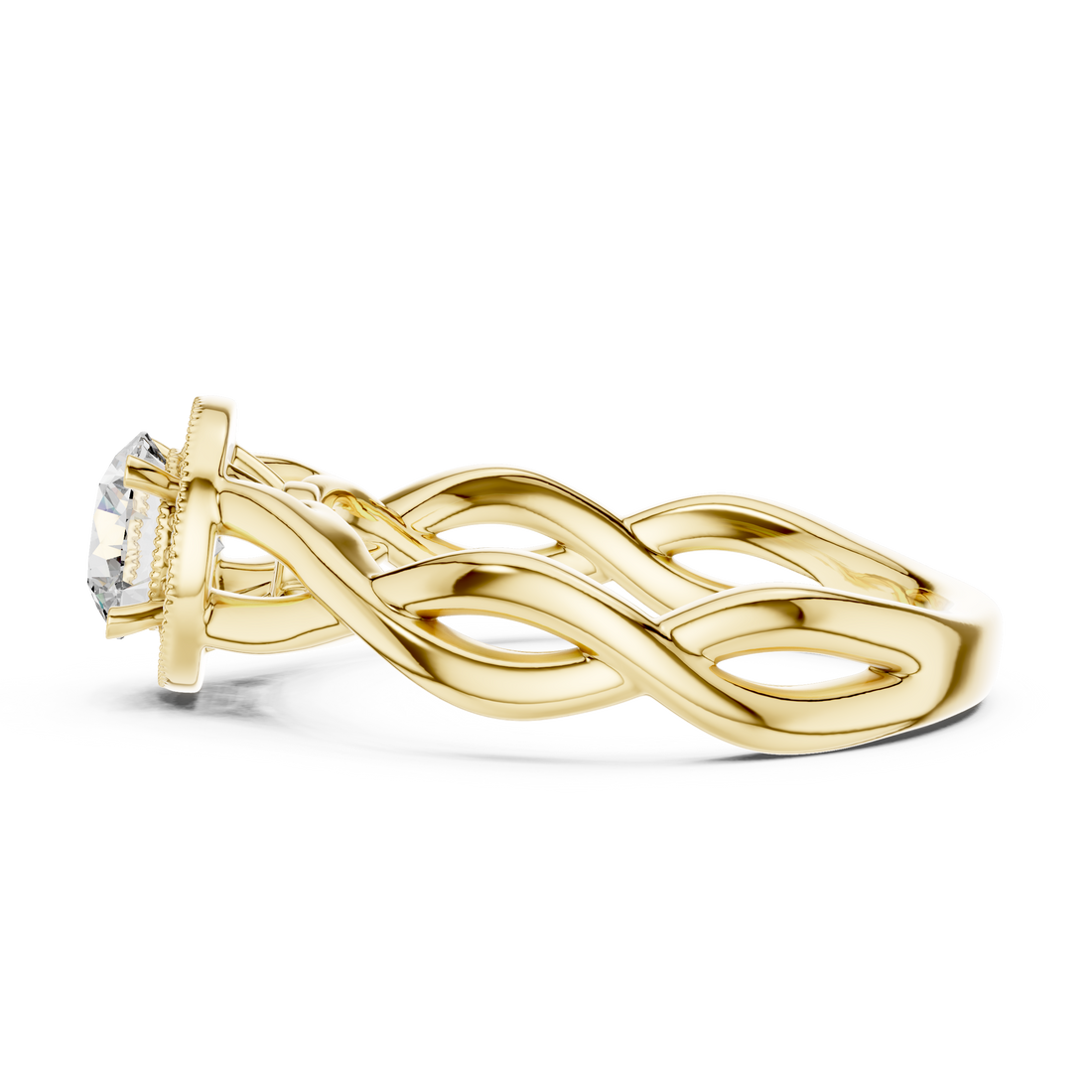Gold ring with wavy design on a white background