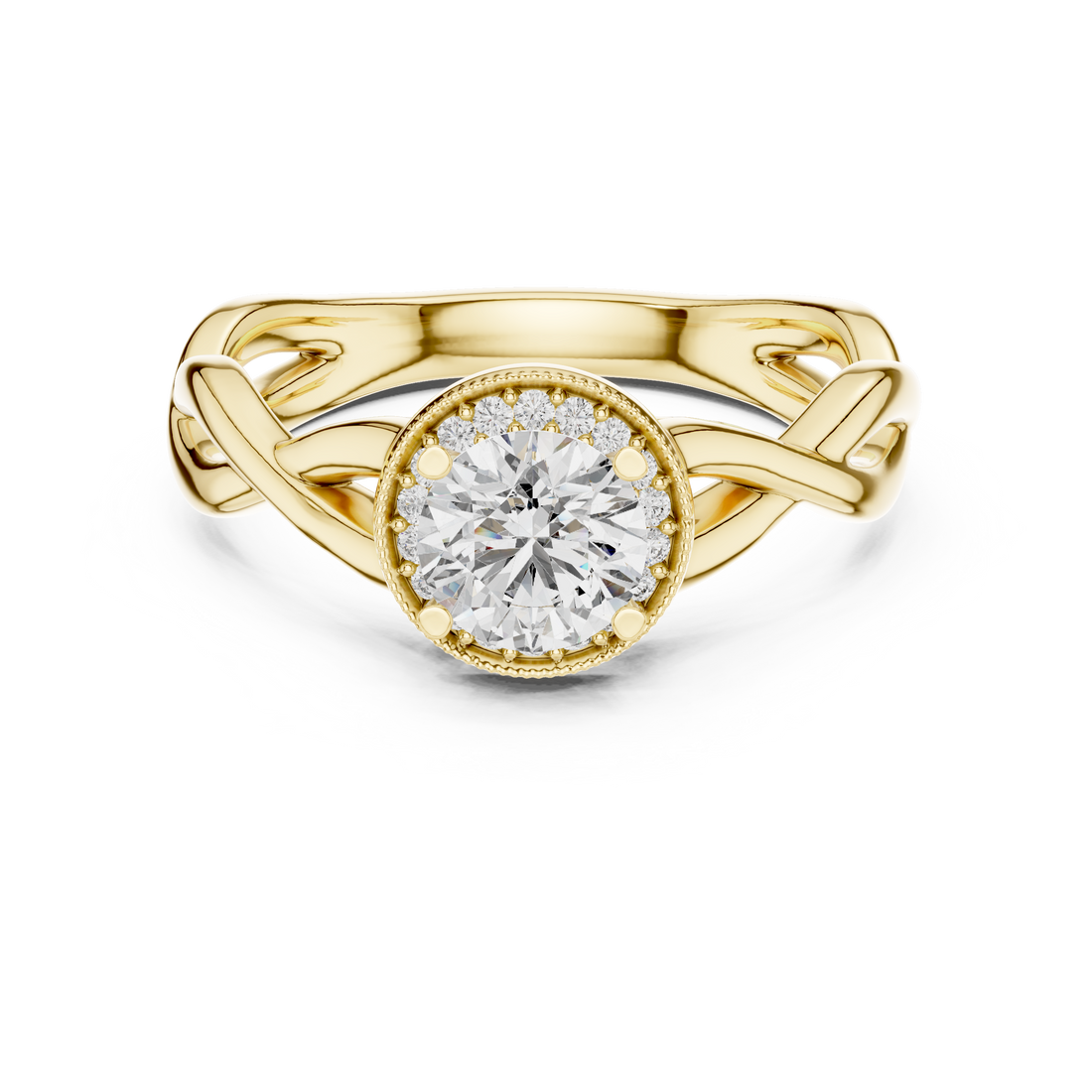 Gold ring with a diamond on a white background