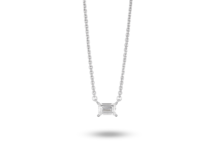 Front view of 0.25 carat baguette cut solitaire pendant in white gold