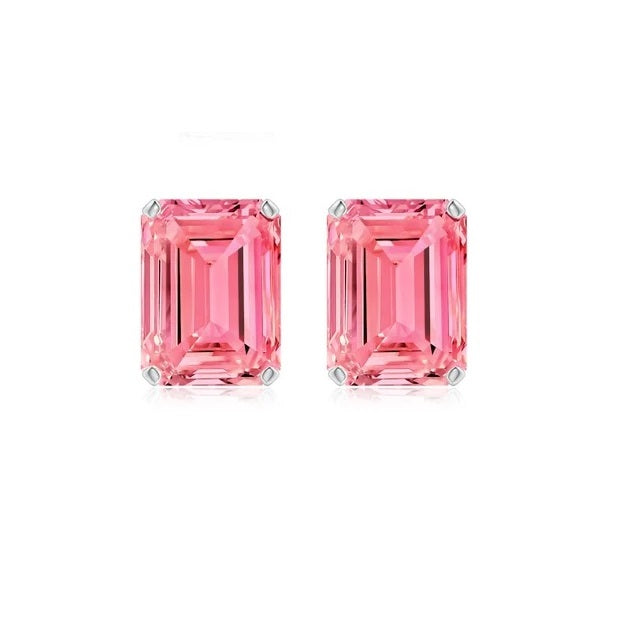 Pair of pink emerald-cut gemstone earrings on a white background