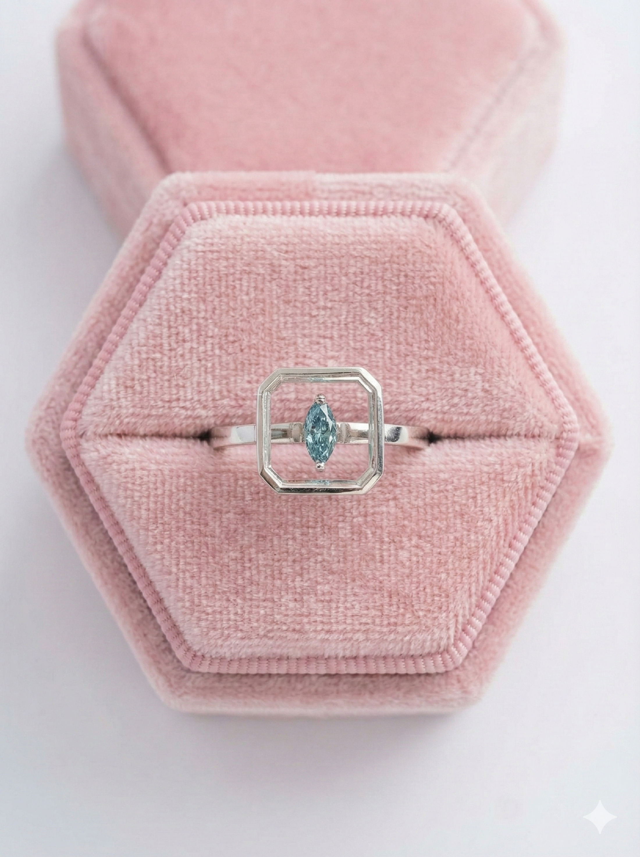 14KT White Gold Portrait Cut Blue Marquise Lab Diamond Ring