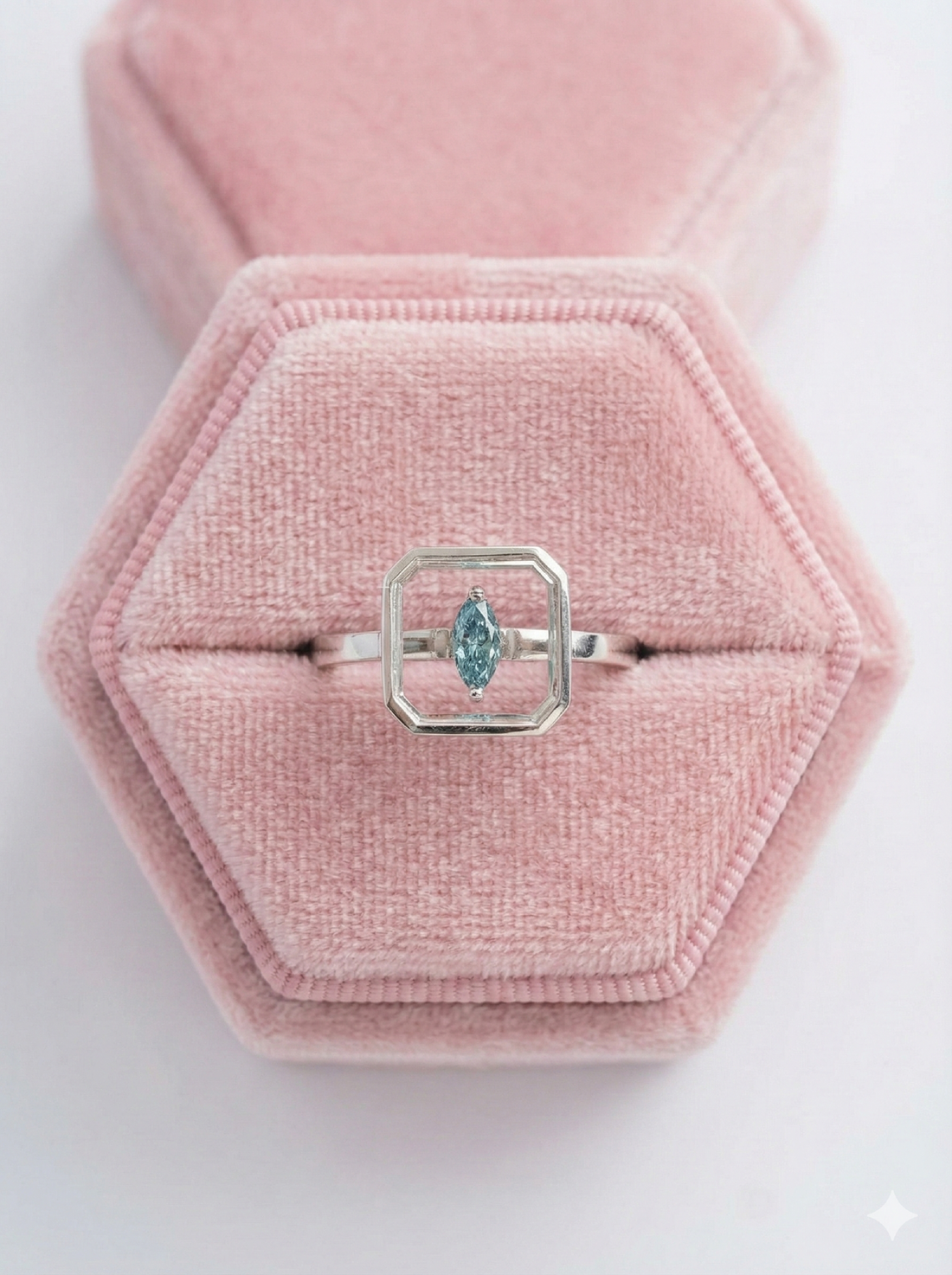 14KT White Gold Portrait Cut Blue Marquise Lab Diamond Ring