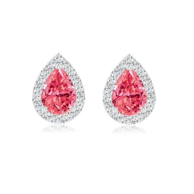 1.42 Tcw Pear-Shaped Lab-Grown Fancy Pink Diamond Halo Stud Earrings