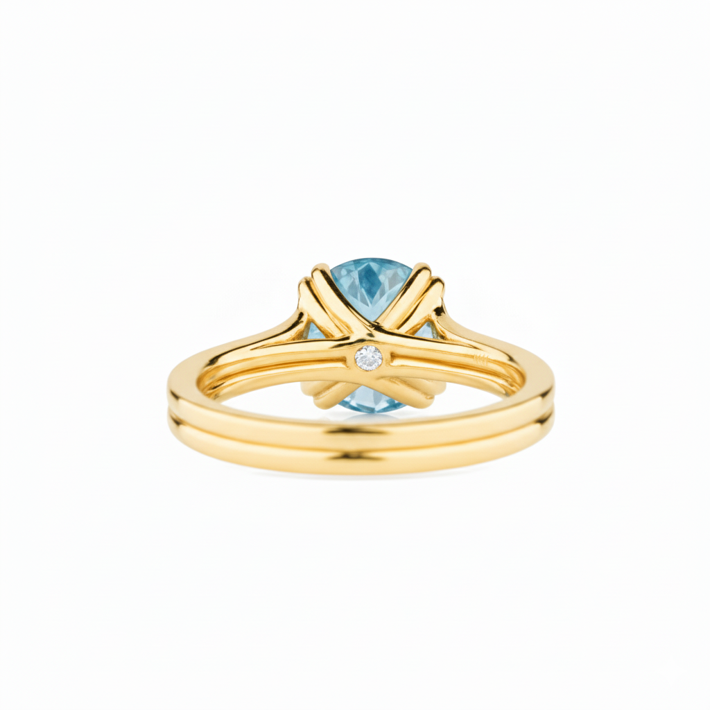 Gold ring with a blue gemstone on a white background