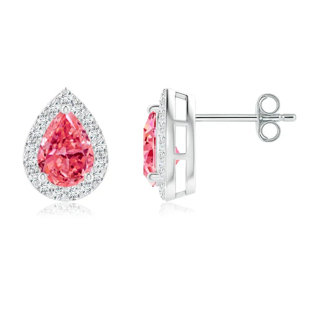 1.42 Tcw Pear-Shaped Lab-Grown Fancy Pink Diamond Halo Stud Earrings