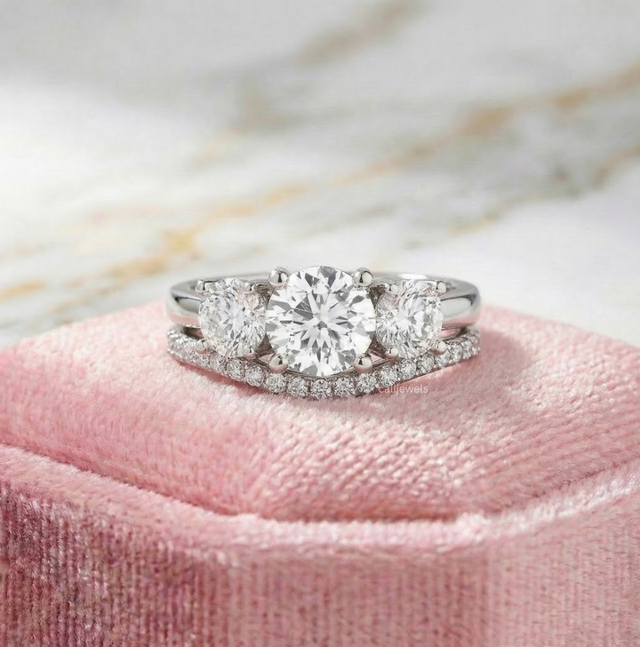 Round Cut Lab Grown Diamond Three Stone Engagement with Half Eternity Band