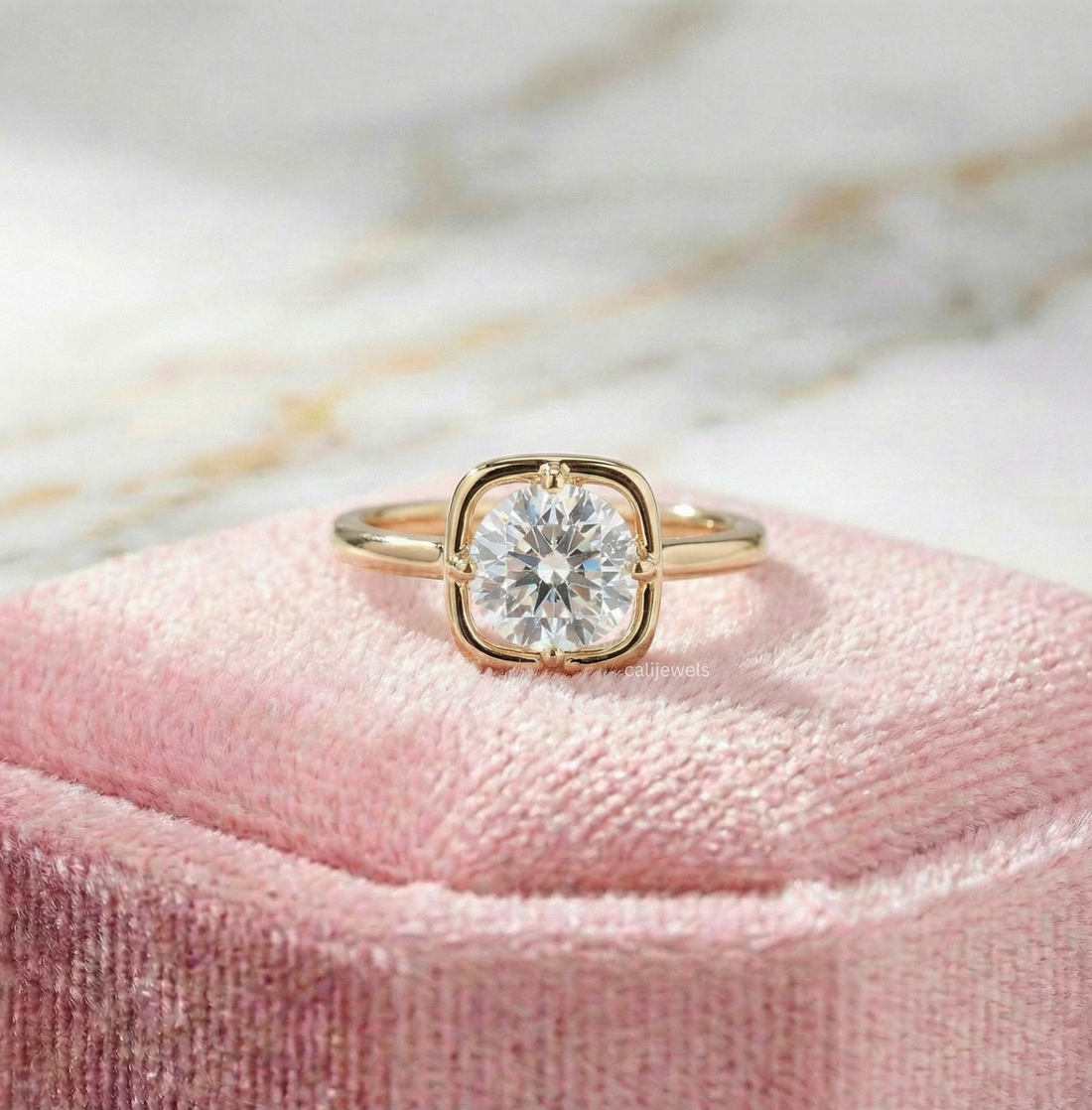Round Cut Lab Grown Diamond Square Bezel Set Solitaire Ring