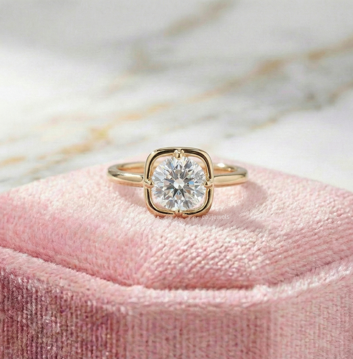 Round Cut Lab Grown Diamond Square Bezel Set Solitaire Ring