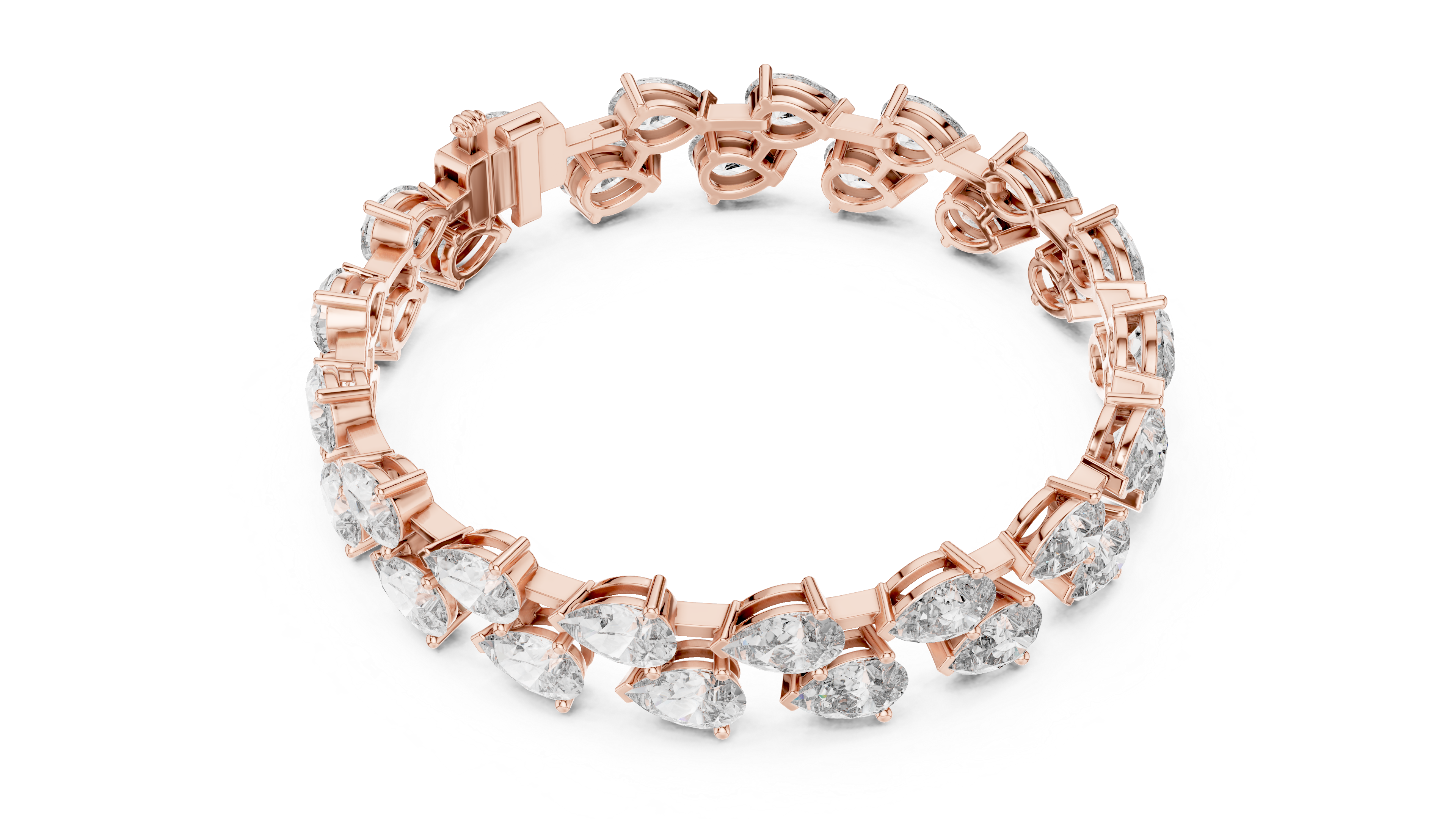 Rose gold bracelet with clear gemstones on a white background