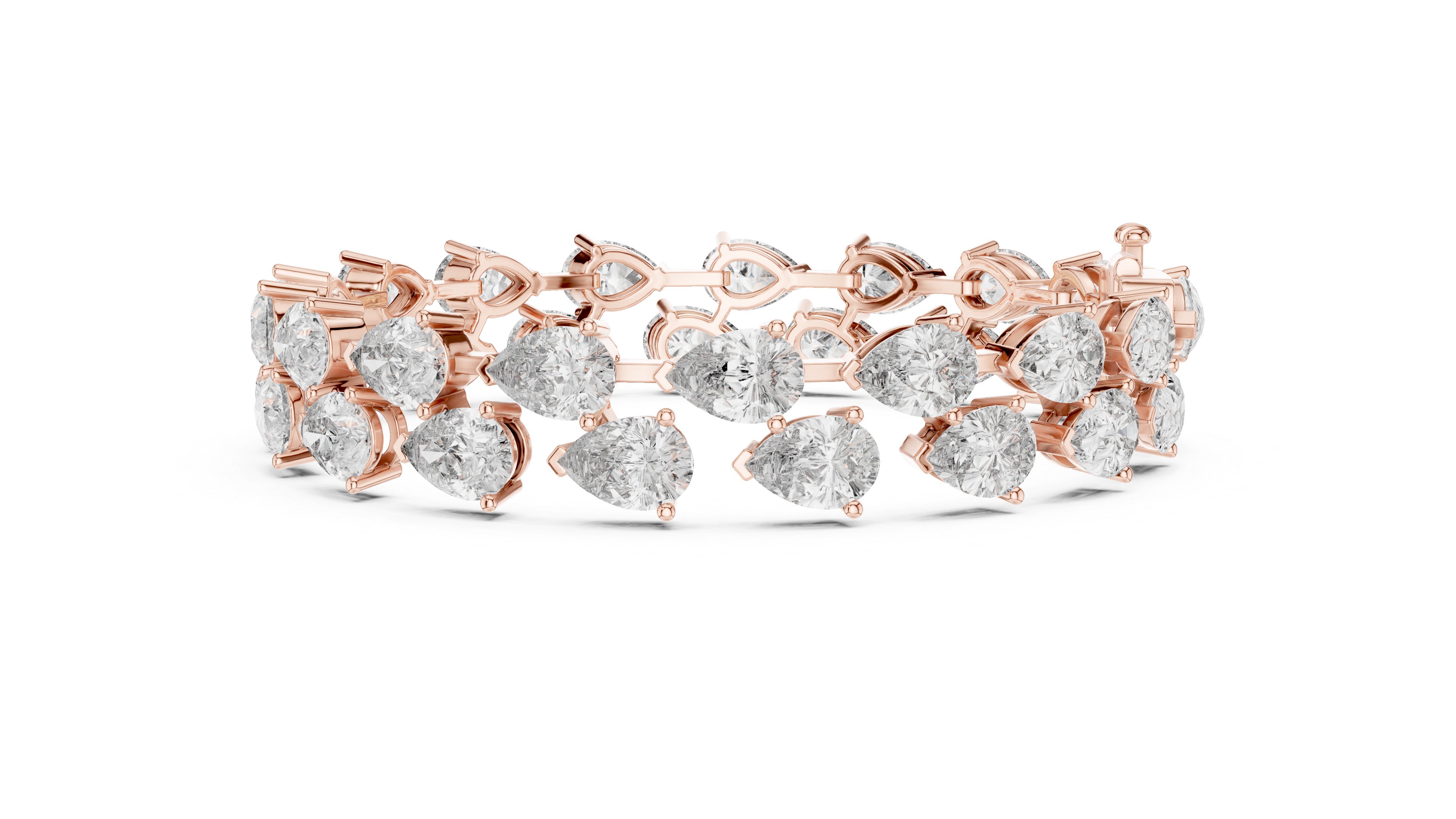 Rose gold bracelet with pear-shaped diamonds on a white background