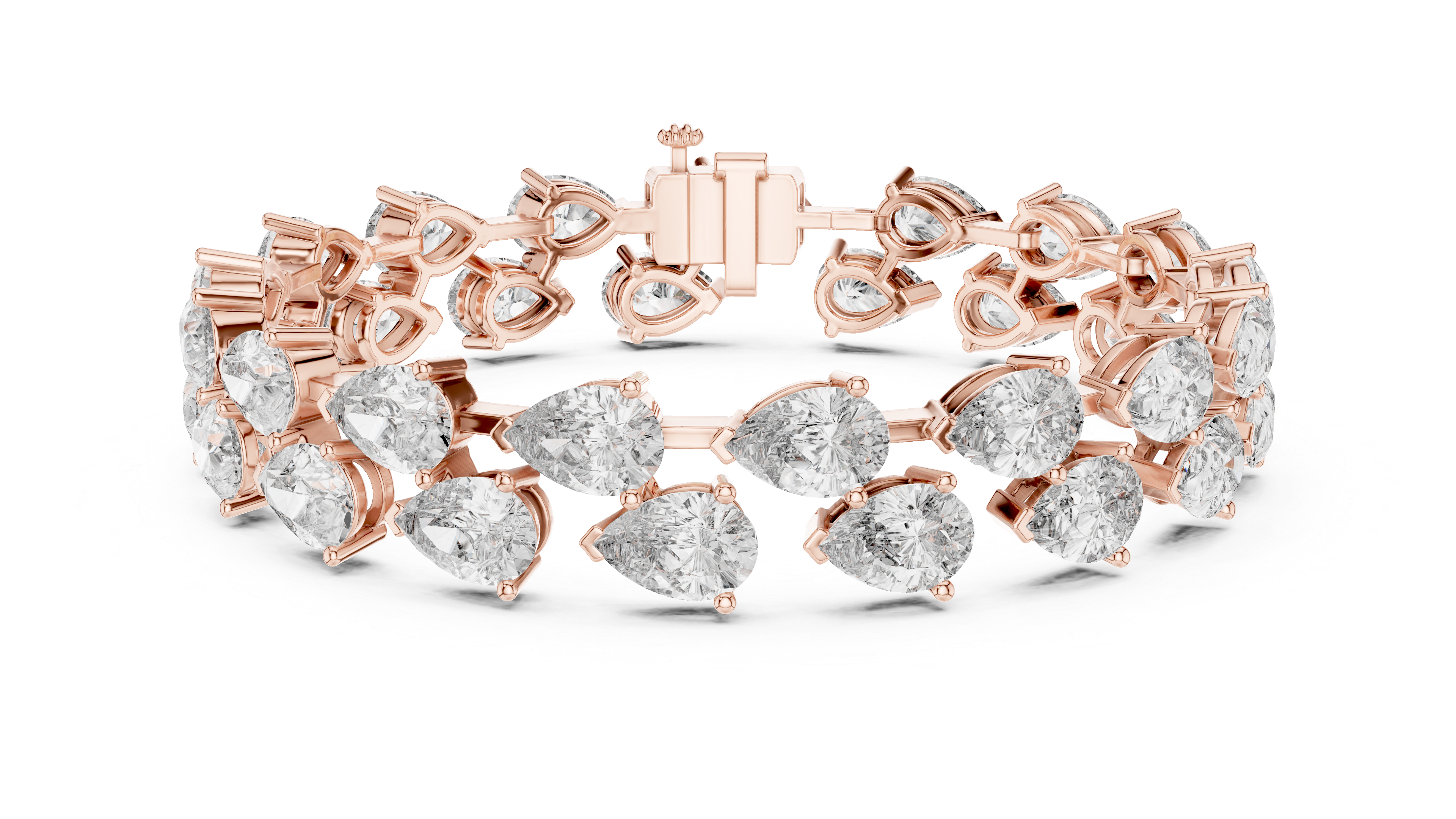 Rose gold bracelet with pear-shaped diamonds on a white background
