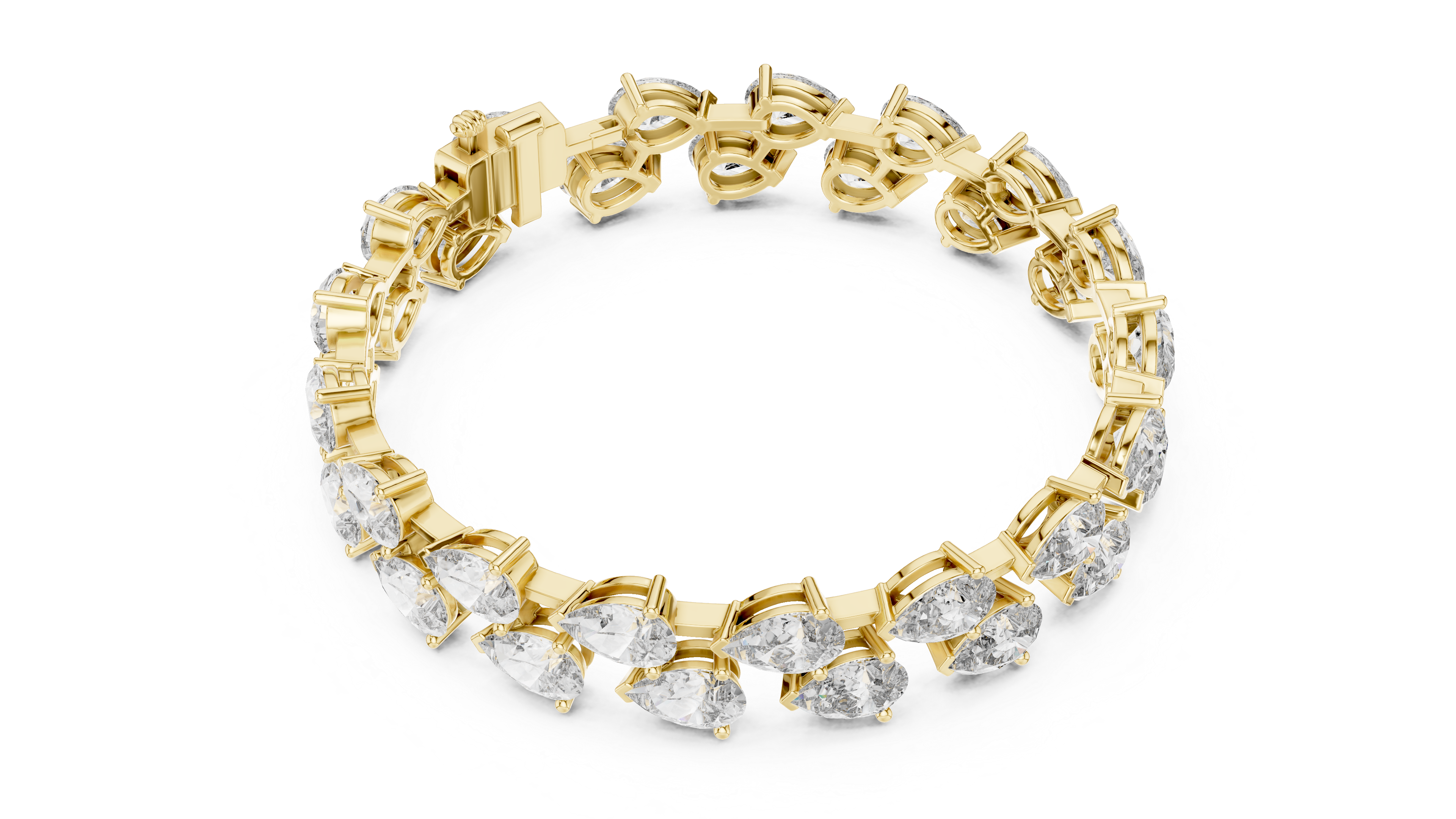 Gold bracelet with clear gemstones on a white background