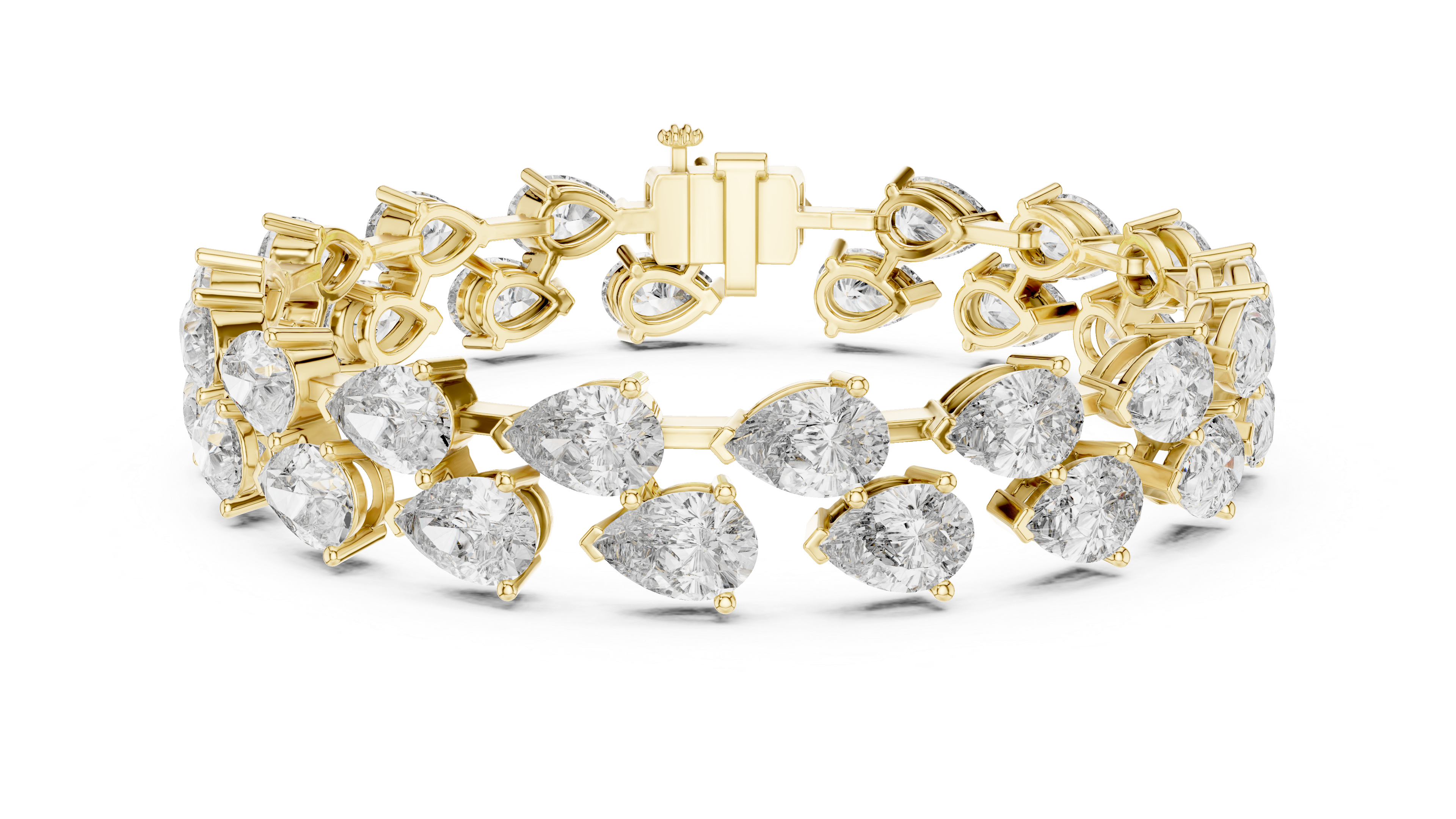 Gold bracelet with clear gemstones on a white background