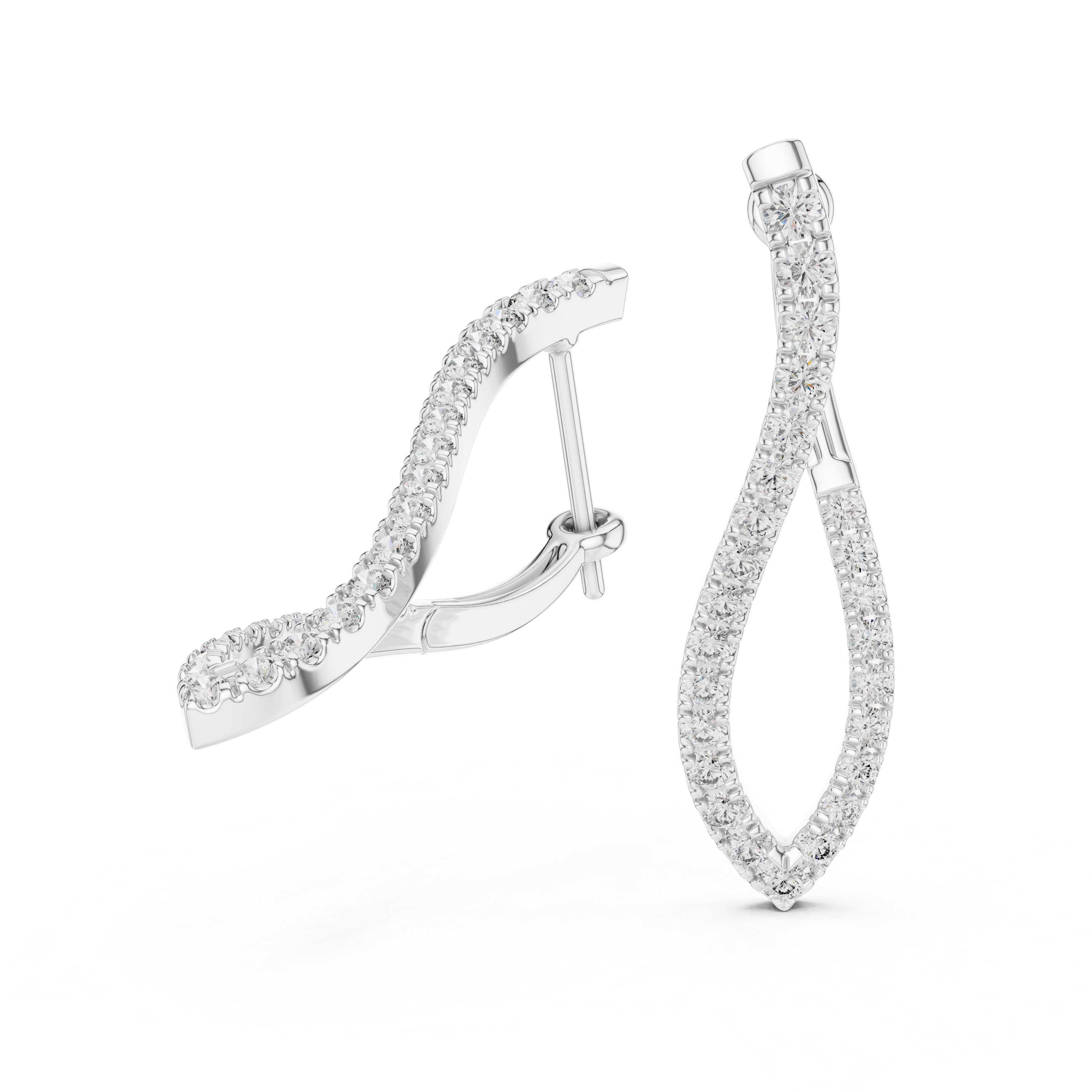 Pair of silver hoop earrings with clear gemstones on a white background