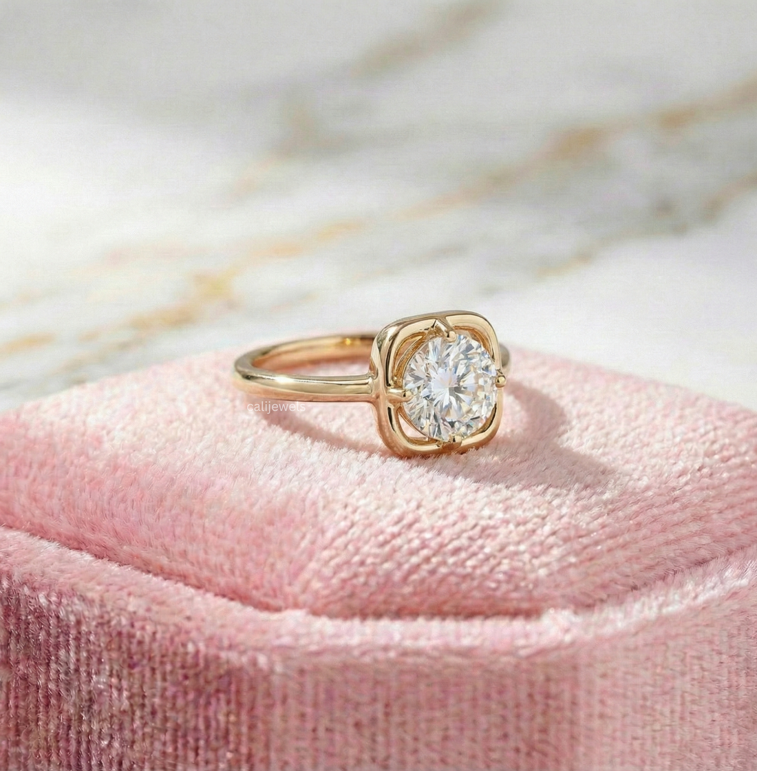 Round Cut Lab Grown Diamond Square Bezel Set Solitaire Ring