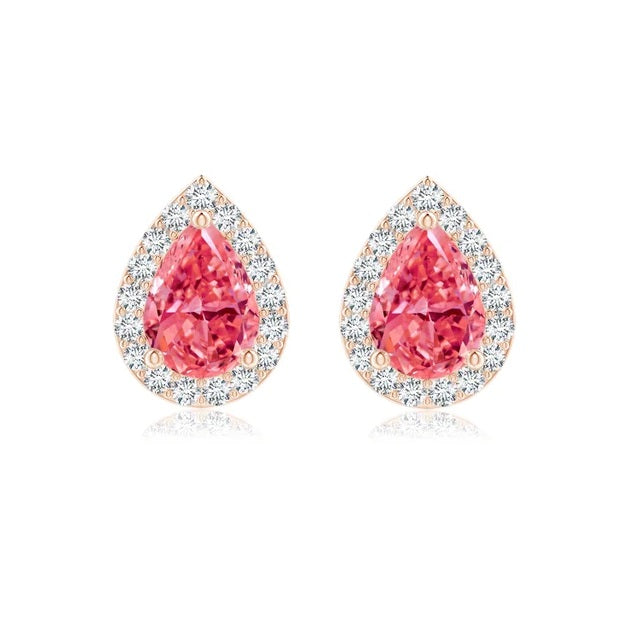 1.42 Tcw Pear-Shaped Lab-Grown Fancy Pink Diamond Halo Stud Earrings