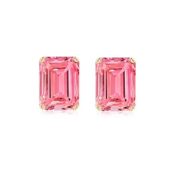 Pair of pink emerald-cut gemstone earrings on a white background
