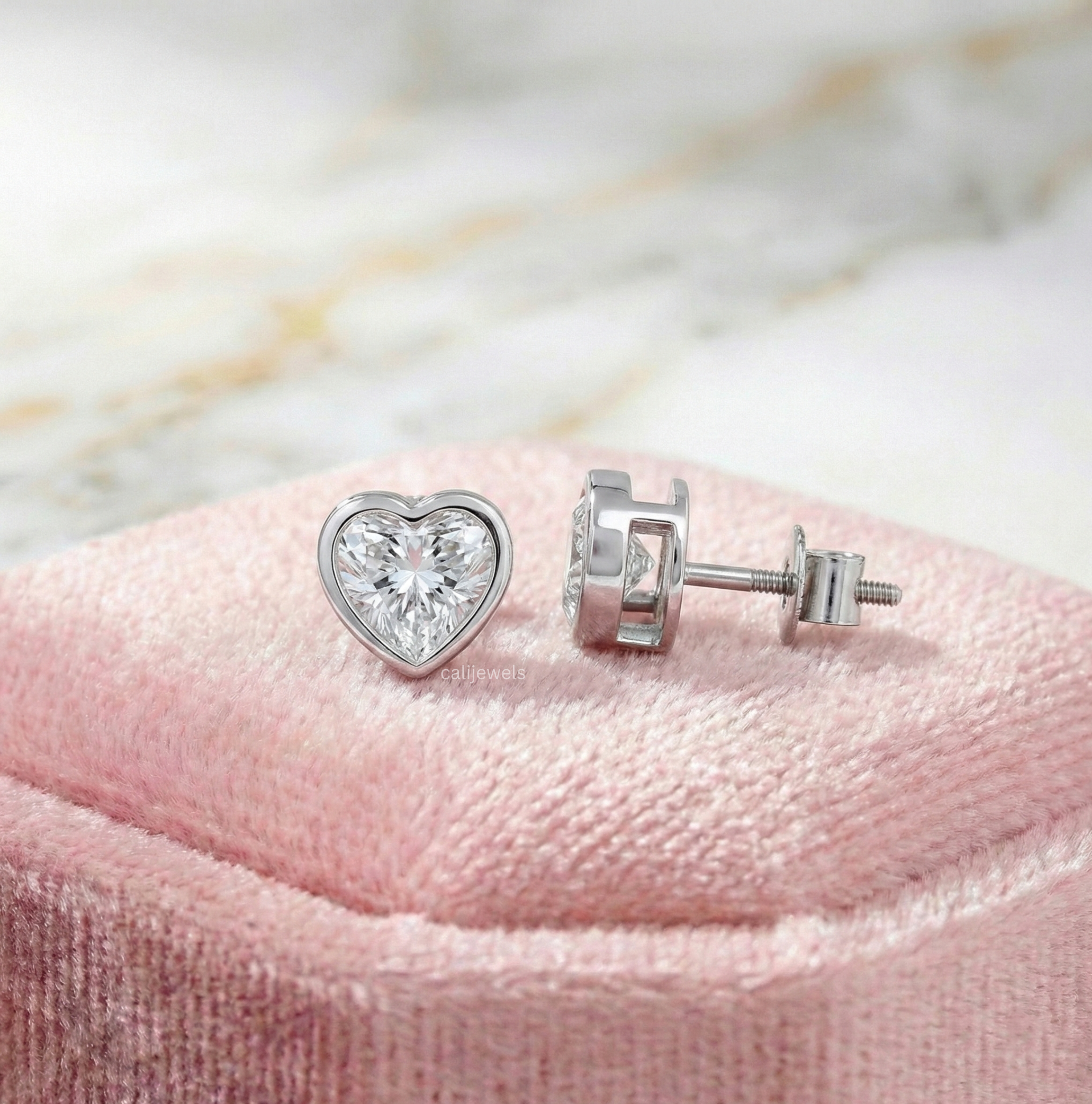 Heart Cut Lab Diamond Solitaire Bezel Set Stud Earrings
