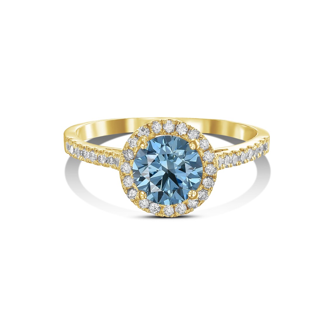 Gold ring with a blue gemstone and diamond accents on a white background