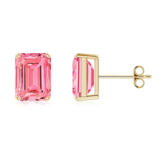 Pink gemstone stud earrings with gold setting on a white background