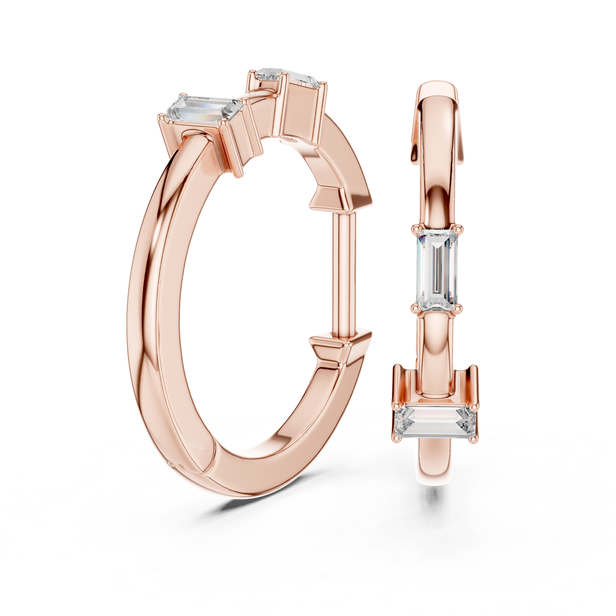 Rose gold hoop earrings with clear gemstones on a white background