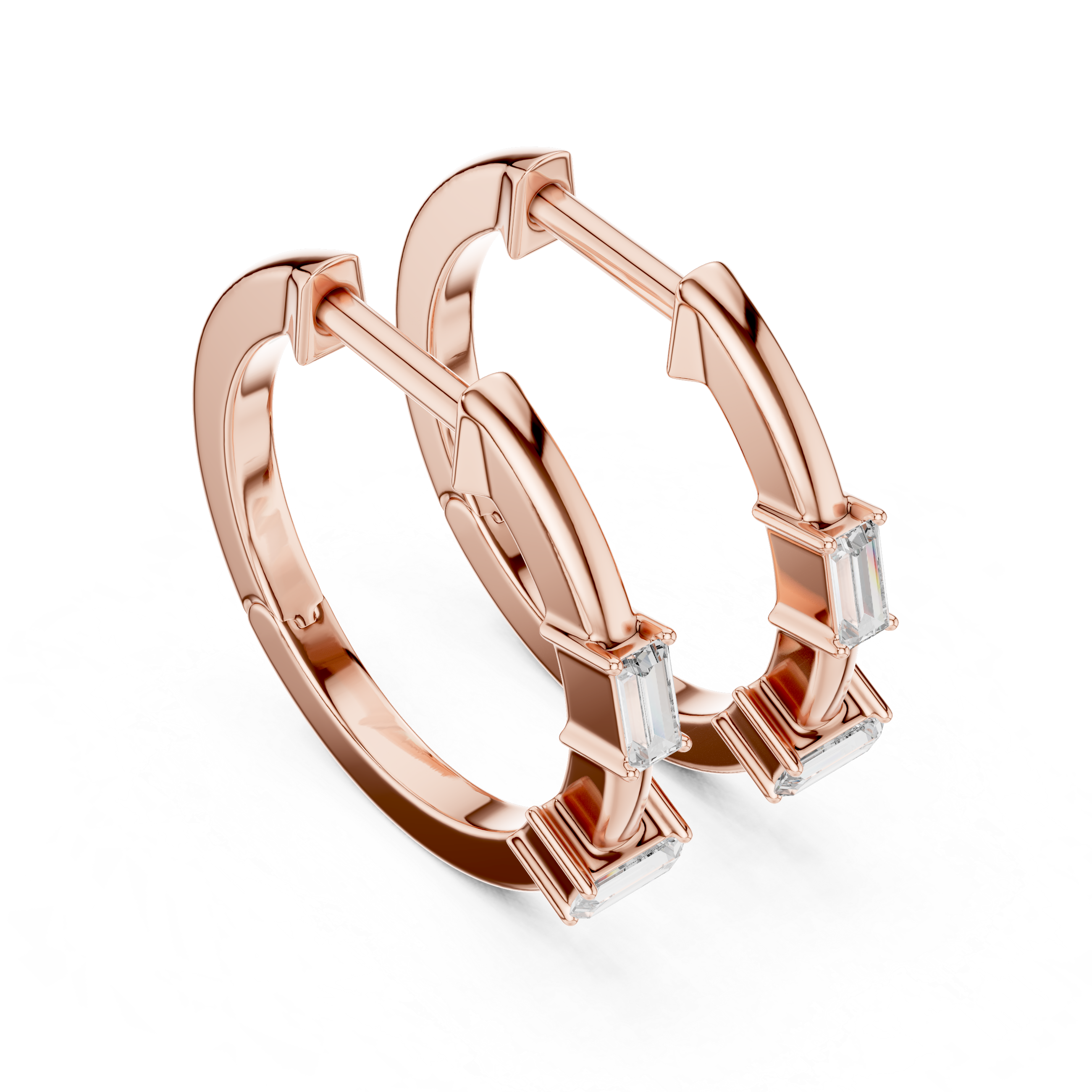 Rose gold hoop earrings with diamond accents on a white background