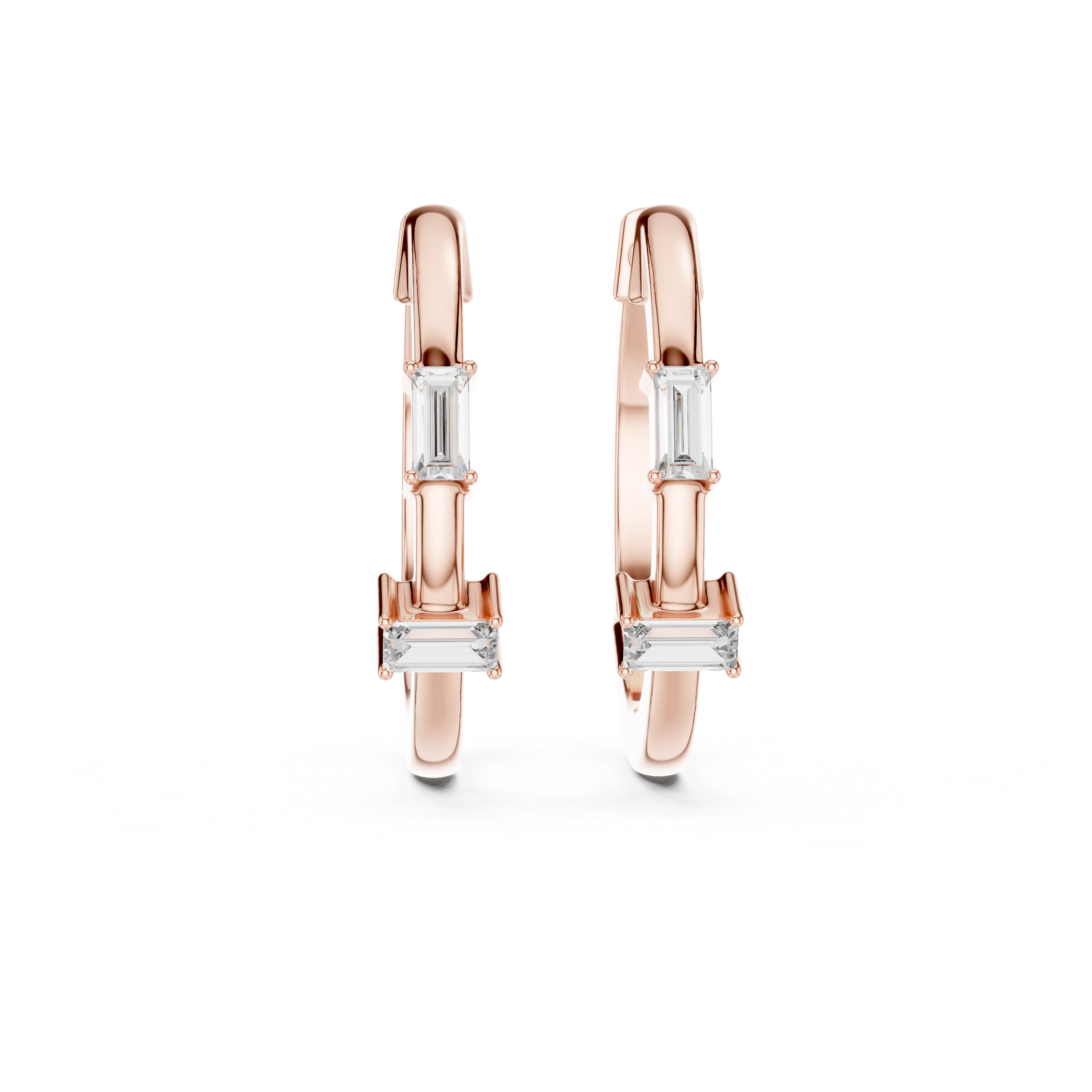 Rose gold hoop earrings with clear gemstones on a white background