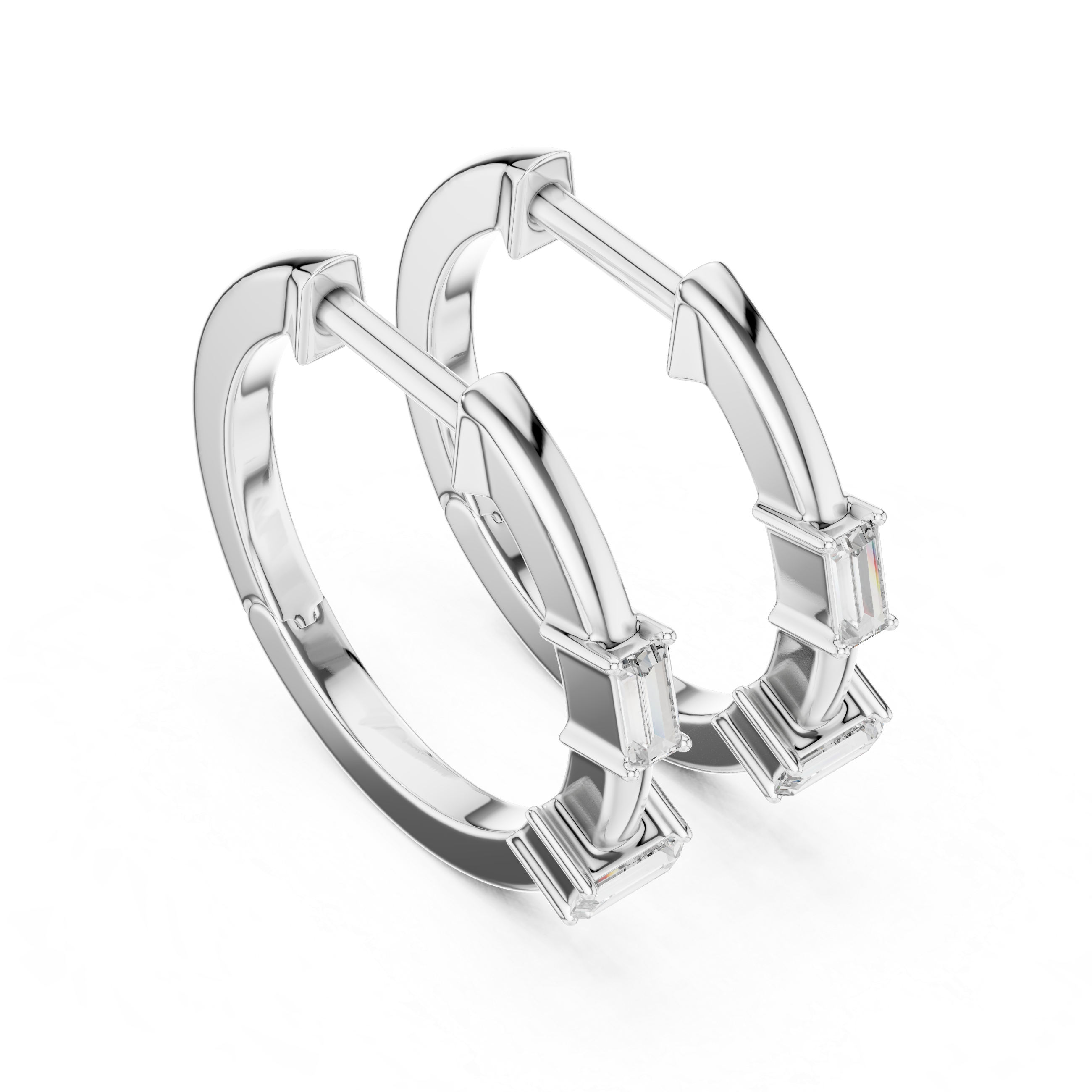 Silver hoop earrings with geometric design on a white background